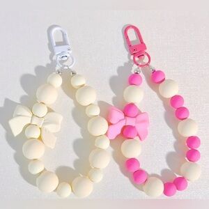 2 White and Pink Bead Keychains with Bow Charm SET